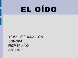 EL OÍDO

TEMA DE EDUCACIÓN
SONORA
PRIMER AÑO
6/11/2013

 