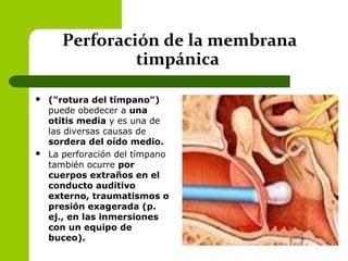 Perforación de la membrana
timpánica
 ("rotura del tímpano")
puede obedecer a una
otitis media y es una de
las diversas causas de
sordera del oído medio.
 La perforación del tímpano
también ocurre por
cuerpos extraños en el
conducto auditivo
externo, traumatismos o
presión exagerada (p.
ej., en las inmersiones
con un equipo de
buceo).
 