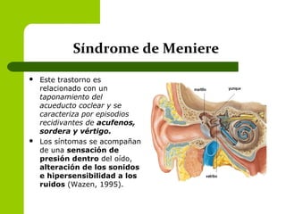 Síndrome de Meniere
 Este trastorno es
relacionado con un
taponamiento del
acueducto coclear y se
caracteriza por episodios
recidivantes de acufenos,
sordera y vértigo.
 Los síntomas se acompañan
de una sensación de
presión dentro del oído,
alteración de los sonidos
e hipersensibilidad a los
ruidos (Wazen, 1995).
 