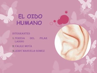 EL OIDO
HUMANO
INTEGRANTES
1.TERESA DEL PILAR
LADINO
2.YALILE MOYA
3.LEIDY MANUELA GOMEZ
 