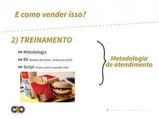 E como vender isso?
2) TREINAMENTO
Metodologia
BV (Boletim de Visitas - Análise do perfil)
Script (O que, como e quando usar)

Metodologia
de atendimento

/elointeligencia | www.elointeligencia.com.br
Inteligência em negócios

 
