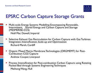EPSRC Carbon Capture Storage Grants 
▶ 
Multi-scale Energy Systems Modelling Encompassing Renewable, Intermittent, Stored Energy and Carbon Capture and Storage (MESMERISE-CCS) 
Niall Mac Dowell, Imperial 
▶ 
Selective Exhaust Gas Recirculation for Carbon Capture with Gas Turbines: Integration, Intensification, Scale-up and Optimisation 
Richard Marsh, Cardiff 
▶Organic Mixed Matrix Membrane Technologies (ORGMEMT) for Post- Combustion CO2 Capture 
Andrew Cooper, Liverpool 
▶Process Intensification for Post-combustion Carbon Capture using Rotating Packed Bed through Systems Engineering Techniques 
Meihong Wang, Hull  