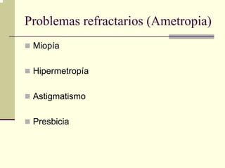 Problemas refractarios (Ametropia)
 Miopía

 Hipermetropía

 Astigmatismo

 Presbicia
 