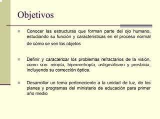 Objetivos
  Conocer las estructuras que forman parte del ojo humano,
  estudiando su función y características en el proceso normal
  de cómo se ven los objetos


  Definir y caracterizar los problemas refractarios de la visión,
  como son: miopía, hipermetropía, astigmatismo y presbicia,
  incluyendo su corrección óptica.

  Desarrollar un tema perteneciente a la unidad de luz, de los
  planes y programas del ministerio de educación para primer
  año medio
 