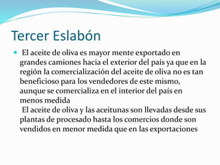 Tercer Eslabón
 El aceite de oliva es mayor mente exportado en
grandes camiones hacia el exterior del país ya que en la
región la comercialización del aceite de oliva no es tan
beneficioso para los vendedores de este mismo,
aunque se comercializa en el interior del país en
menos medida
El aceite de oliva y las aceitunas son llevadas desde sus
plantas de procesado hasta los comercios donde son
vendidos en menor medida que en las exportaciones
 