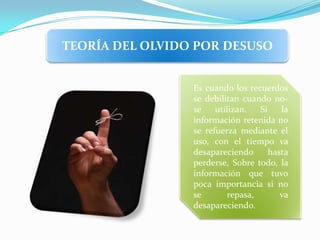 TEORÍA DEL OLVIDO POR DESUSO


                 Es cuando los recuerdos
                 se debilitan cuando no-
                 se    utilizan.  Si    la
                 información retenida no
                 se refuerza mediante el
                 uso, con el tiempo va
                 desapareciendo      hasta
                 perderse, Sobre todo, la
                 información que tuvo
                 poca importancia si no
                 se       repasa,       va
                 desapareciendo.
 
