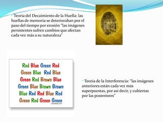 • Teoría del Decaimiento de la Huella: las
huellas de memoria se deterioraban por el
paso del tiempo por erosión “las imágenes
persistentes sufren cambios que afectan
cada vez más a su naturaleza”




                                         • Teoría de la Interferencia: “las imágenes
                                         anteriores están cada vez más
                                         superpuestas, por así decir, y cubiertas
                                         por las posteriores”
 