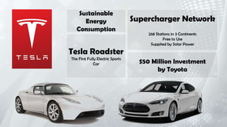 Sustainable
Energy
Consumption
Tesla Roadster
The First Fully Electric Sports
Car
Supercharger Network
268 Stations in 3 Continents
Free to Use
Supplied by Solar Power
$50 Million Investment
by Toyota
 