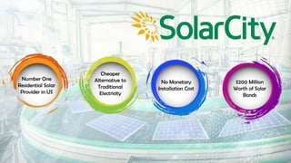 Number One
Residential Solar
Provider in US
Cheaper
Alternative to
Traditional
Electricity
No Monetary
Installation Cost
$200 Million
Worth of Solar
Bonds
 