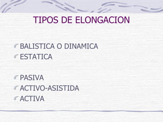 TIPOS DE ELONGACION BALISTICA O DINAMICA ESTATICA PASIVA ACTIVO-ASISTIDA ACTIVA 