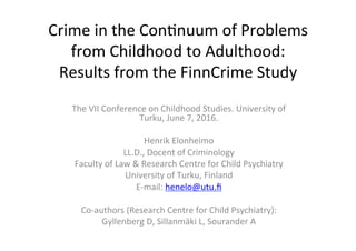 Crime	in	the	Con+nuum	of	Problems	
from	Childhood	to	Adulthood:	
Results	from	the	FinnCrime	Study	
		
The	VII	Conference	on	Childhood	Studies.	University	of	
Turku,	June	7,	2016.	
	
Henrik	Elonheimo	
LL.D.,	Docent	of	Criminology	
Faculty	of	Law	&	Research	Centre	for	Child	Psychiatry		
University	of	Turku,	Finland	
E-mail:	henelo@utu.ﬁ	
	
Co-authors	(Research	Centre	for	Child	Psychiatry):	
Gyllenberg	D,	Sillanmäki	L,	Sourander	A	
 