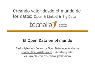 El Open Data en el mundo
Carlos Iglesias – Consultor Open Data Independiente
contact@carlosiglesias.es | @carlosiglesias
es.linkedin.com/in/carlosiglesiasmoro
Creando valor desde el mundo de
los datos: Open & Linked & Big Data
 