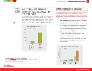 BENCHMARK REPORT > ELOQUA MARKETING METRICS OUTLOOK 2011 13




                    TREND       MARKET REACH IS GROWING                                               BEST PRACTICES FOR SOCIAL ENGAGEMENT

                   06           THROUGH SOCIAL CHANNELS – BUT
                                IT’S STILL EARLY
                                                                                                      Here are some tried-and-true ways to engage with prospects
                                                                                                      via social channels. Of note: the biggest difference between
                                                                                                      top and bottom performers is that the Best-in-Class
                                                                                                      measure and monitor engagement in context with all other
                                We analyzed trafﬁc our customers are seeing from three top social     channels. As a result, they know how to optimize within the
                                networks and found that the impact on market reach is growing.        broader marketing mix.
                                Interestingly, Facebook is the largest contributor for both B2B and
                                B2C. And, while the trafﬁc from social networks is still a small         •   Track lead sources. Include social channels when tracking
                                portion of the overall total, it appears to be a promising channel.          lead sources through query strings, etc.
                                                                                                         •   Generate leads. Treat social channels like any other used
                                                                                                             for lead generation by delivering relevant content offers,
                                                                                                             driving audiences to landing pages or a short registration
                                                                                                             form, and adding these leads to the appropriate nurture
                                                                                                             stream based on the source and offer.
                                                                                                         •   Offer freemium content. Offer free, teaser content on
                                                                                                             Facebook, Slideshare and other social sites to drive
                                                                                                             prospects to your corporate site.
                                                                                                         •   Integrate email. Identify who is being proactive in social
                                                                                                             communities and reward them. By doing so, you incent
                                                                                                             these prospective buyers to sign up to receive email
                                                                                                             communications.




Increase Response Rates with Social Media
Learn how Webtrends integrates Facebook with Eloqua to convert
unknown fans into known prospects.




                                                                                                                                                 © 2011 ELOQUA CORPORATION
 