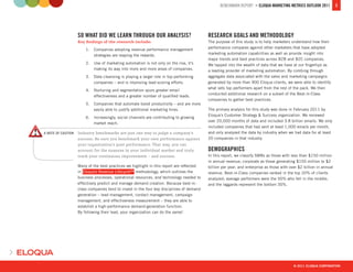BENCHMARK REPORT > ELOQUA MARKETING METRICS OUTLOOK 2011             3




                    SO WHAT DID WE LEARN THROUGH OUR ANALYSIS?                             RESEARCH GOALS AND METHODOLOGY
                    Key ﬁndings of the research include:                                   The purpose of this study is to help marketers understand how their
                                                                                           performance compares against other marketers that have adopted
                        1.   Companies adopting revenue performance management
                                                                                           marketing automation capabilities as well as provide insight into
                             strategies are reaping the rewards.
                                                                                           major trends and best practices across B2B and B2C companies.
                        2.   Use of marketing automation is not only on the rise, it’s     We tapped into the wealth of data that we have at our ﬁngertips as
                             making its way into more and more areas of companies.         a leading provider of marketing automation. By combing through
                        3.   Data cleansing is playing a larger role in top-performing     aggregate data associated with the sales and marketing campaigns
                             companies – and is improving lead-scoring efforts.            generated by more than 900 Eloqua clients, we were able to identify
                                                                                           what sets top performers apart from the rest of the pack. We then
                        4.   Nurturing and segmentation spurs greater email
                                                                                           conducted additional research on a subset of the Best-in-Class
                             effectiveness and a greater number of qualiﬁed leads.
                                                                                           companies to gather best practices.
                        5.   Companies that automate boost productivity – and are more
                             easily able to justify additional marketing hires.            The primary analysis for this study was done in February 2011 by
                                                                                           Eloqua’s Customer Strategy & Success organization. We reviewed
                        6.   Increasingly, social channels are contributing to growing
                                                                                           over 20,000 months of data and included 3.8 billion emails. We only
                             market reach.
                                                                                           included companies that had sent at least 1,000 emails per month,
A NOTE OF CAUTION   Industry benchmarks are just one way to judge a company’s              and only analyzed the data by industry when we had data for at least
                    success. Be sure you benchmark your own performance against            20 companies in that industry
                    your organization’s past performance. That way, you can
                    account for the nuances in your individual market and truly            DEMOGRAPHICS
                    track your continuous improvement – and success.                       In this report, we classify SMBs as those with less than $150 million
                                                                                           in annual revenue; corporate as those generating $150 million to $2
                    Many of the best practices we highlight in this report are reﬂected    billion per year; and enterprise as those with over $2 billion in annual
                    in Eloqua’s Revenue Lifecycle™ methodology, which outlines the         revenue. Best-in-Class companies ranked in the top 20% of clients
                    business processes, operational resources, and technology needed to    analyzed; average performers were the 50% who fell in the middle;
                    effectively predict and manage demand creation. Because best-in-       and the laggards represent the bottom 30%.
                    class companies tend to invest in the four key disciplines of demand
                    generation – lead management, contact management, campaign
                    management, and effectiveness measurement – they are able to
                    establish a high-performance demand-generation function.
                    By following their lead, your organization can do the same!




                                                                                                                                            © 2011 ELOQUA CORPORATION
 