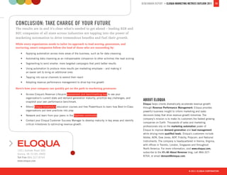BENCHMARK REPORT > ELOQUA MARKETING METRICS OUTLOOK 2011 14




CONCLUSION: TAKE CHARGE OF YOUR FUTURE
The results are in ...