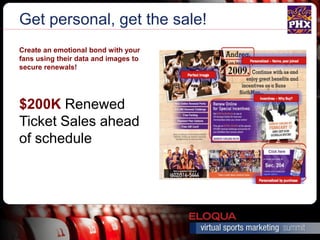 Get personal, get the sale!
Create an emotional bond with your
fans using their data and images to
secure renewals!




$200K Renewed
Ticket Sales ahead
of schedule
 
