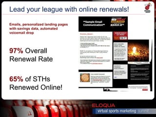 Lead your league with online renewals!

Emails, personalized landing pages
with savings data, automated
voicemail drop




97% Overall
Renewal Rate

65% of STHs
Renewed Online!
 