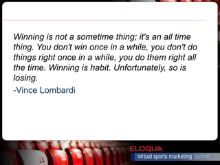 Winning is not a sometime thing; it's an all time
thing. You don't win once in a while, you don't do
things right once in a while, you do them right all
the time. Winning is habit. Unfortunately, so is
losing.
-Vince Lombardi
 