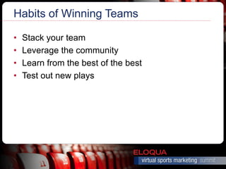 Habits of Winning Teams

•   Stack your team
•   Leverage the community
•   Learn from the best of the best
•   Test out new plays
 