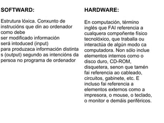 Estrutura lóxica. Conxunto de instrucións que din ao ordenador como debe ser modificado información será intoduced (input) para produzaca información distintas (output) segundo as intencións da persoa no programa de ordenador SOFTWARD: HARDWARE: En computación, término inglés que FAI referencia a cualquera compoñente físico tecnolóxico, que traballa ou interactúa de algún modo ca computadora. Non sólo inclue elementos internos como o disco duro, CD-ROM, disquetera, senon que tamén fai referencia ao cableado, circuitos, gabinete, etc. E incluso fai referencia a elementos externos como a impresora, o mouse, o teclado, o monitor e demáis periféricos. 