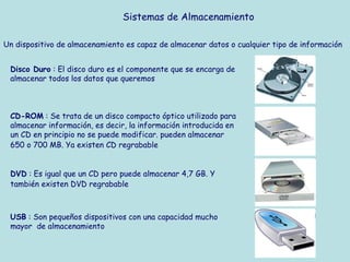 Sistemas de Almacenamiento

Un dispositivo de almacenamiento es capaz de almacenar datos o cualquier tipo de información


 Disco Duro : El disco duro es el componente que se encarga de
 almacenar todos los datos que queremos



 CD-ROM : Se trata de un disco compacto óptico utilizado para
 almacenar información, es decir, la información introducida en
 un CD en principio no se puede modificar. pueden almacenar
 650 o 700 MB. Ya existen CD regrabable


 DVD : Es igual que un CD pero puede almacenar 4,7 GB. Y
 también existen DVD regrabable



 USB : Son pequeños dispositivos con una capacidad mucho
 mayor de almacenamiento
 