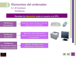 Elementos del ordenador
            2.1. El hardware
                 Periféricos

                 Permiten la interacción entre el usuario y la CPU.


  Periféricos           Mediante ellos introducimos los
  de entrada                datos en el ordenador.




                           Mediante ellos obtenemos
   Periféricos
                         datos, una vez procesados por
   de salida                      el ordenador.


    Periféricos
                            Módem, Pantalla táctil,
de entrada-salida          Impresoras multifunción.
o bidireccionales
 