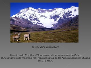 Situada en la Cordillera Vilcanota en el departamento de Cusco El Ausangate es la montaña más representativa de los Andes cusqueños situada a 6,372 m.s.n. EL NEVADO AUSANGATE 