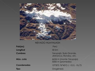 NEVADO HUAYHUASH País(es)   Perú Longitud 30 km Cumbres Yerupajá, Siula Grande, Jirishanca, Rondoy, etc. Máx. cota 6634 m (monte Yerupaja) 5000 m (promedio) Coordenadas 10°30′S 76°45′O ﻿  /  ﻿ -10.5, -76.75 Tipo Orogénesis 