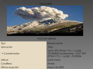VOLCANES VOLCAN UBINAS Tipo Estratovolcán Ubicación   Perú  •  Coordenadas 16°21′18″S 70°54′11″O ﻿  /  ﻿ -16.355, -70.90306Coordenadas: 16°21′18″S 70°54′11″O ﻿  /  ﻿ -16.355, -70.90306 Altitud 5.672 msnm Cordillera Andes Última erupción Marzo de 2009 