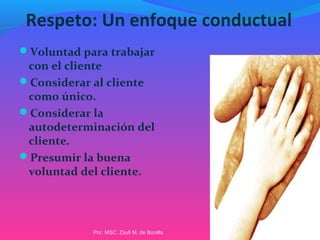 Respeto: Un enfoque conductual
Voluntad para trabajar
con el cliente
Considerar al cliente
como único.
Considerar la
autodeterminación del
cliente.
Presumir la buena
voluntad del cliente.
Por: MSC. Zayli M. de Bonilla
 