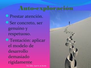 Auto-exploración
Prestar atención.
Ser concreto, ser
genuino y
respetuoso.
Tentación: aplicar
el modelo de
desarrollo
demasiado
rígidamente
Por: MSC. Zayli M. de Bonilla
 