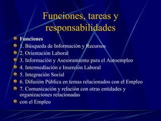 Funciones, tareas y
           responsabilidades
Funciones
1. Búsqueda de Información y Recursos
2. Orientación Laboral
3. Información y Asesoramiento para el Autoempleo
4. Intermediación e Inserción Laboral
5. Integración Social
6. Difusión Pública en temas relacionados con el Empleo
7. Comunicación y relación con otras entidades y
organizaciones relacionadas
con el Empleo
 