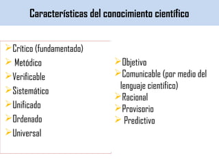 Características del conocimiento científico
Crítico (fundamentado)
 Metódico
Verificable
Sistemático
Unificado
Ordenado
Universal
Objetivo
Comunicable (por medio del
lenguaje científico)
Racional
Provisorio
 Predictivo
 