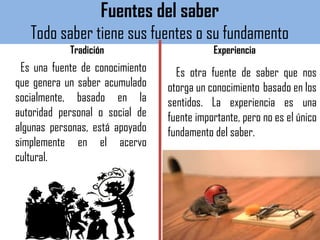Fuentes del saber
Todo saber tiene sus fuentes o su fundamento
Tradición
Es una fuente de conocimiento
que genera un saber acumulado
socialmente, basado en la
autoridad personal o social de
algunas personas, está apoyado
simplemente en el acervo
cultural.
Experiencia
Es otra fuente de saber que nos
otorga un conocimiento  basado en los
sentidos. La experiencia es una
fuente importante, pero no es el único
fundamento del saber.
 
