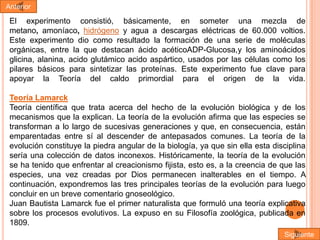 Anterior

El experimento consistió, básicamente, en someter una mezcla de
metano, amoníaco, hidrógeno y agua a descargas eléctricas de 60.000 voltios.
Este experimento dio como resultado la formación de una serie de moléculas
orgánicas, entre la que destacan ácido acéticoADP-Glucosa,y los aminoácidos
glicina, alanina, acido glutámico acido aspártico, usados por las células como los
pilares básicos para sintetizar las proteínas. Este experimento fue clave para
apoyar la Teoría del caldo primordial para el origen de la vida.
Teoría Lamarck
Teoría científica que trata acerca del hecho de la evolución biológica y de los
mecanismos que la explican. La teoría de la evolución afirma que las especies se
transforman a lo largo de sucesivas generaciones y que, en consecuencia, están
emparentadas entre sí al descender de antepasados comunes. La teoría de la
evolución constituye la piedra angular de la biología, ya que sin ella esta disciplina
sería una colección de datos inconexos. Históricamente, la teoría de la evolución
se ha tenido que enfrentar al creacionismo fijista, esto es, a la creencia de que las
especies, una vez creadas por Dios permanecen inalterables en el tiempo. A
continuación, expondremos las tres principales teorías de la evolución para luego
concluir en un breve comentario gnoseológico.
Juan Bautista Lamarck fue el primer naturalista que formuló una teoría explicativa
sobre los procesos evolutivos. La expuso en su Filosofía zoológica, publicada en
1809.
Siguiente

 
