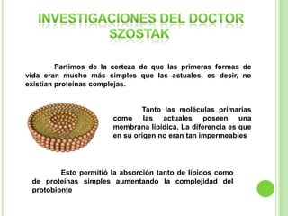 Partimos de la certeza de que las primeras formas de
vida eran mucho más simples que las actuales, es decir, no
existían proteínas complejas.

Tanto las moléculas primarias
como las actuales poseen una
membrana lipídica. La diferencia es que
en su origen no eran tan impermeables

Esto permitió la absorción tanto de lípidos como
de proteínas simples aumentando la complejidad del
protobionte

 