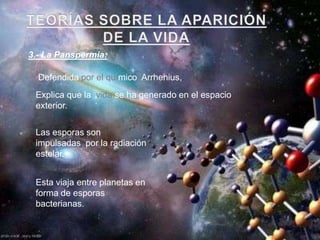 3.- La Panspermia:
Defendida por el químico Arrhenius,
Explica que la vida se ha generado en el espacio
exterior.
Las esporas son
impulsadas por la radiación
estelar.
Esta viaja entre planetas en
forma de esporas
bacterianas.

 