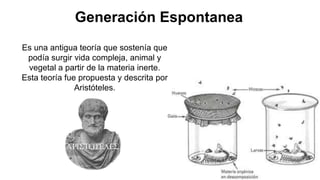 Generación Espontanea
Es una antigua teoría que sostenía que
podía surgir vida compleja, animal y
vegetal a partir de la materia inerte.
Esta teoría fue propuesta y descrita por
Aristóteles.
 