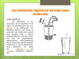 POR EJEMPLO:

*
los alcoholes o los
azúcares, al ser disueltas en el
agua se desmenuzan en alto
grado y se distribuyen en
idéntica forma, por toda la
solución, de moléculas sueltas
que quedan más o menos
independientes unas de otras.
Por eso sus propiedades
dependerán principalmente
de la estructura de las propias
moléculas y de la disposición
que
adopten
en
ellas
los
átomos
de
carbono, hidrógeno, oxígeno,
etc.

 