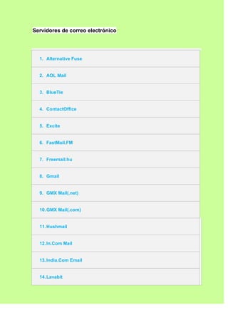 Servidores de correo electrónico




  1. Alternative Fuse


  2. AOL Mail


  3. BlueTie


  4. ContactOffice


  5. Excite


  6. FastMail.FM


  7. Freemail.hu


  8. Gmail


  9. GMX Mail(.net)


  10. GMX Mail(.com)


  11. Hushmail


  12. In.Com Mail


  13. India.Com Email


  14. Lavabit
 
