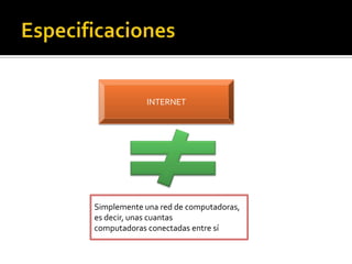 INTERNET

Simplemente una red de computadoras,
es decir, unas cuantas
computadoras conectadas entre sí

 