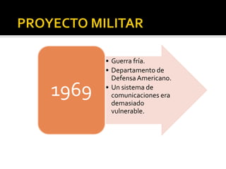 1969

• Guerra fría.
• Departamento de
Defensa Americano.
• Un sistema de
comunicaciones era
demasiado
vulnerable.

 