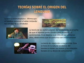 La teoría onomatopéyica : Afirma que
el hombre comenzó a hablar imitando
los sonidos de su alrededor.
La teoría de las exclamaciones: Se fundamenta en el echo
de que el hombre emite sonidos para expresar sus
sentimientos. Si se observa a un niño en sus primeros
años, observamos que se comunica con exclamaciones
La teoría de repetición o mecanicista: Esta
se basa en la natural tendencia del
hombre a mover sus manos y los músculos
faciales en su deseo de comunicarse
 