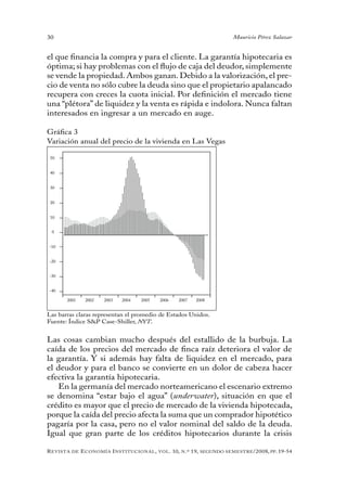 30                                                                                 Mauricio Pérez Salazar


el que financia la compra y para el cliente. La garantía hipotecaria es
óptima; si hay problemas con el flujo de caja del deudor, simplemente
se vende la propiedad. Ambos ganan. Debido a la valorización, el pre-
cio de venta no sólo cubre la deuda sino que el propietario apalancado
recupera con creces la cuota inicial. Por definición el mercado tiene
una “plétora” de liquidez y la venta es rápida e indolora. Nunca faltan
interesados en ingresar a un mercado en auge.

Gráfica 3
Variación anual del precio de la vivienda en Las Vegas

 50


 40


 30


 20


 10


 0


-10


-20


-30


-40

       2001      2002   2003   2004   2005   2006      2007         2008


Las barras claras representan el promedio de Estados Unidos.
Fuente: Índice S&P Case-Shiller, NYT.


Las cosas cambian mucho después del estallido de la burbuja. La
caída de los precios del mercado de finca raíz deteriora el valor de
la garantía. Y si además hay falta de liquidez en el mercado, para
el deudor y para el banco se convierte en un dolor de cabeza hacer
efectiva la garantía hipotecaria.
   En la germanía del mercado norteamericano el escenario extremo
se denomina “estar bajo el agua” (underwater), situación en que el
crédito es mayor que el precio de mercado de la vivienda hipotecada,
porque la caída del precio afecta la suma que un comprador hipotético
pagaría por la casa, pero no el valor nominal del saldo de la deuda.
Igual que gran parte de los créditos hipotecarios durante la crisis

R evista   de   e conomía i nstitucional ,   vol .   10,   n .º   19,   segundo semestRe /2008, pp. 19-54
 