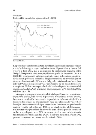 44                                                                                   Mauricio Pérez Salazar


Gráfica 6
Índice ABX para títulos hipotecarios A y BBB
11

                                         ABX - HE - A 07 - 2
10
                                         ABX - HE - BBB 07 - 2


 9



 8


 7


 6


 5


 4
30/04/08    11/06/08     23/07/08   03/09/08      15/10/08            25/11/08


Fuente: Markit.


La pérdida de valor de la cartera hipotecaria comercial se puede medir
a través del margen entre titularizaciones hipotecarias y bonos del
Tesoro a diez años, que a comienzos de septiembre oscilaba entre
300 y 2.200 puntos base para papeles con grado de inversión (AAA a
BBB). En términos del valor presente del papel a diez años, una titu-
larización hipotecaria comercial del grado mínimo de inversión (BBB)
tiene un descuento del 82% y una del grado máximo de no inversión
(BB) del 96% con respecto al valor equivalente de un bono del Tesoro
a ese plazo. El descuento para la titularización hipotecaria comercial
mejor calificada (AAA), al mismo plazo, sería del 27% (CMSA, 2008,
exhibits 14 y 15).
    Aunque la comparación entre el título hipotético, con la metodo-
logía para idiotas, y la cartera hipotecaria titularizada no sea exacta,
lleva a una conclusión interesante: la pérdida de información debida a
los métodos opacos de titularización hace que el mercado valore hoy
la mejor cartera comercial (que hasta ahora tiene una proporción de
cartera vencida del orden del 1%) en un nivel similar al del escena-
rio hipotético y pesimista del método para idiotas para la totalidad
de la cartera hipotecaria: 30% de descuento. La cartera hipotecaria
residencial de óptima calidad (AAA) tiene una tasa de mora del 3%,
pero se transa con un descuento de más del 50%.


R evista   de   e conomía i nstitucional ,     vol .   10,   n .º   19,   segundo semestRe /2008, pp. 19-54
 