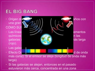 • Origen del universo: hace 13.700 millones de años con
  una gran explosión. (Big bang)
CÓMO SURGIÓ LA IDEA DEL BIG BANG
• Las líneas del espectro que representan los elementos
  químicos están desplazadas. La luz que emiten las
  galaxias aparecen con una longitud de onda más larga
  (rojo).
• Las galaxias se alejan unas de otras.
• Efecto Doppler: Si el emisor se acerca (longitud de onda
  más corta). Si el emisor se aleja (longitud de onda más
  larga)
• Si las galaxias se alejan, entonces en el pasado
  estuvieron más cerca, concentrada en una zona
 