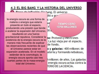 la energía oscura es una forma de
     materia o energía que estaría
      presente en todo el espacio,
produciendo una presión que tiende
a acelerar la expansión del Universo,
        resultando en una fuerza
gravitacional repulsiva. Considerar la
existencia de la energía oscura es la
  manera más frecuente de explicar
 las observaciones recientes de que
      el Universo parece estar en
 expansión acelerada. En el modelo
     estándar de la cosmología, la
    energía oscura aporta casi tres
  cuartas partes de la masa-energía
           total del Universo.
 