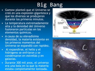 Big Bang
• Gamow planteó que el Universo se
creó en una explosión gigantesca y
que los diversos se produjeron
durante los primeros minutos.
• La temperatura extremadamente
alta y la densidad del Universo
fusionaron partículas en los
elementos químicos.
• A causa de su elevadísima
densidad, la materia existente en
los primeros momentos del
Universo se expandió con rapidez.
• Al expandirse, el helio y el
hidrógeno se enfriaron y se
condensaron en estrellas y en
galaxias.
• Durante 300 mil anos, el universo
era una bola en la que la materia
estaba completamente ionizada.

 
