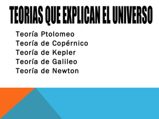 Teoría Ptolomeo
Teoría de Copérnico
Teoría de Kepler
Teoría de Galileo
Teoría de Newton
 
