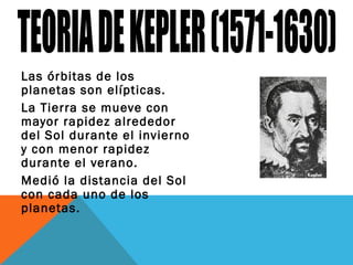 Las órbitas de los
planetas son elípticas.
La Tierra se mueve con
mayor rapidez alrededor
del Sol durante el invierno
y con menor rapidez
durante el verano.
Medió la distancia del Sol
con cada uno de los
planetas.
 